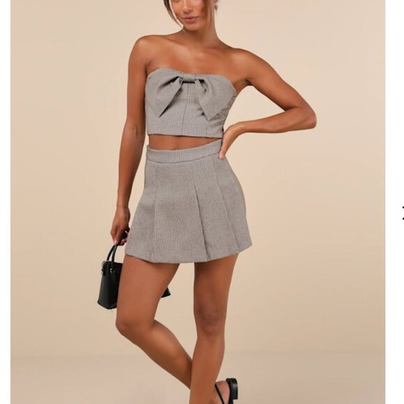 Lulus Brand New Plaid Bow Crop Top & Tweed Box Pleated Skort - Picture 3 of 8